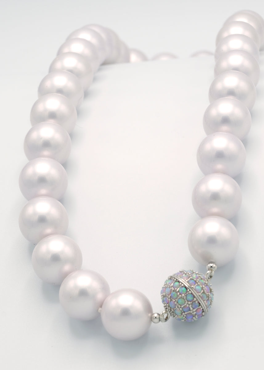 Classic Majestic Shell Pearl and Opal Necklace in shades of Silver