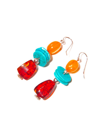 Cognac and Honey Amber with Turquoise Plates Earrings