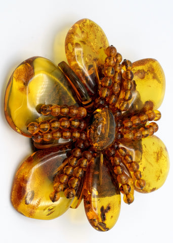 Cognac Amber Flower Brooch