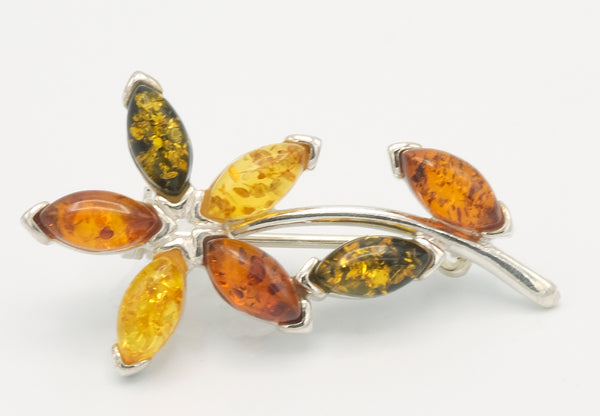 Multi Coloured  Amber Flower Brooch