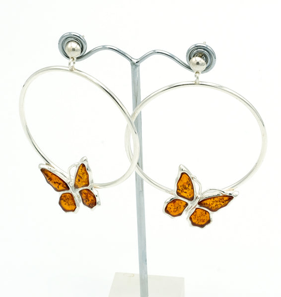 Cognac Amber Butterfly Hoop Earrings