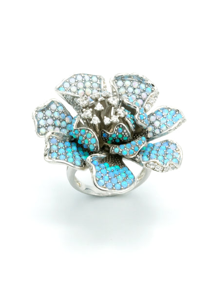 Opal Blue Fires Flower Ring