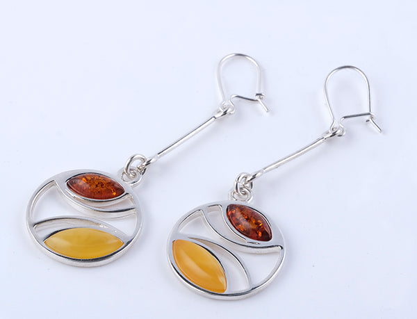 Round Circle Earrings with Cognac and Butter Amber