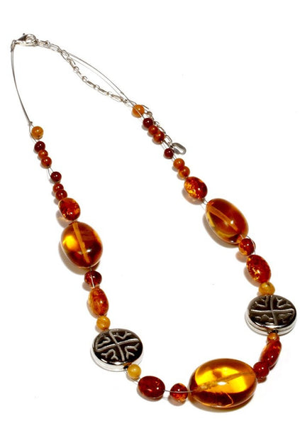 Cognac Amber Necklace with Sterling Silver Coins Accents
