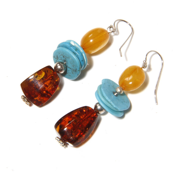 Cognac and Honey Amber with Turquoise Plates Earrings