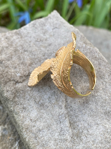 Carved Double Leaf 24k Gold Plated Sterling Silver Ring