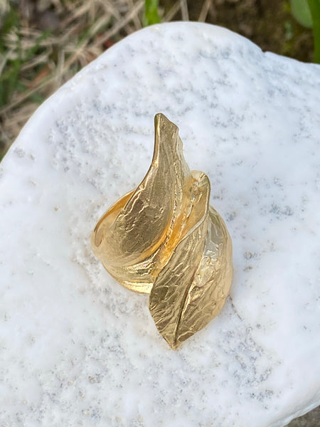 24K Gold Plated Carved Double Leaf Ring