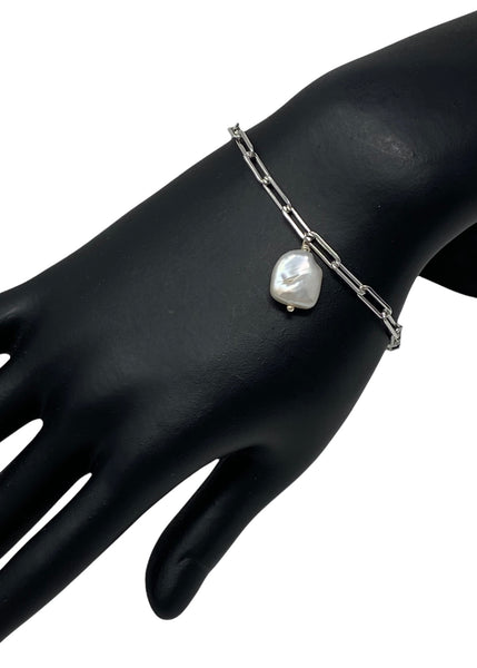 Sterling Silver Link Bracelet with a Pearl Charm