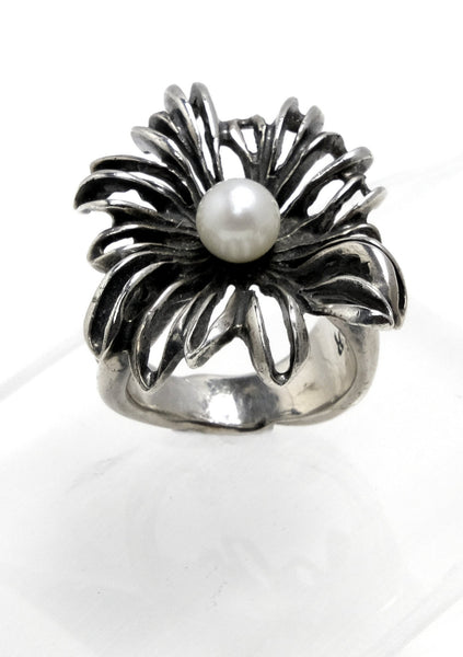 Carved Flower Ring with Pearl Detail